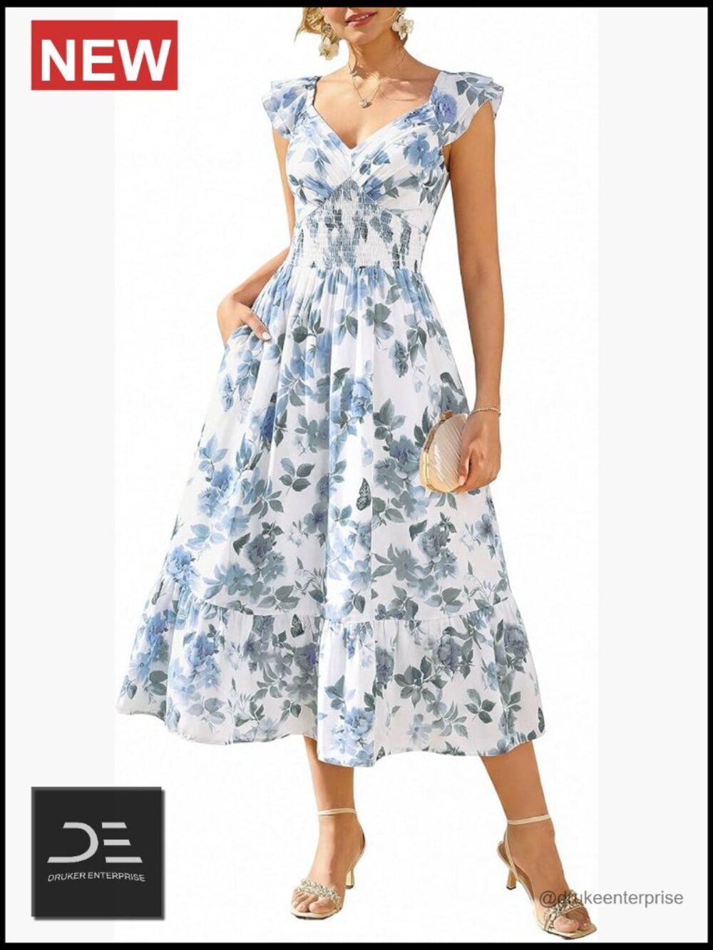 Women's Floral Maxi Dress with Pockets Ruffle Sleeve Smocked Sundress